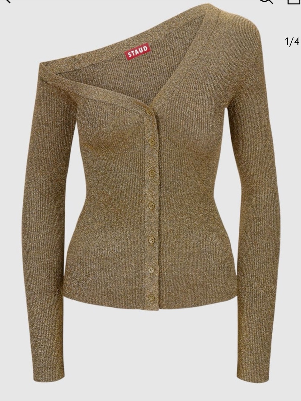 STAUD Craftsman cardigan shimmering olive-gold metallic knit asymmetric top